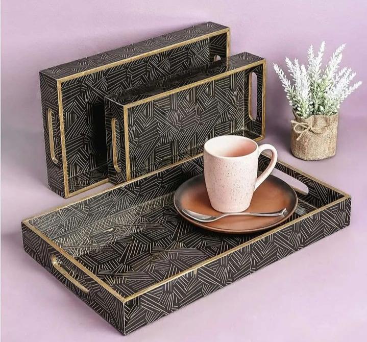 Enamel Serving Tray Set Black Shine Set of 3